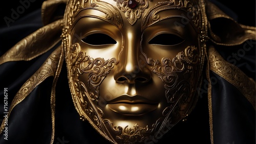 Golden venetian male mask on plain black background from Generative AI