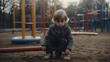 Portrait of a sad child alone on playground background from Generative AI