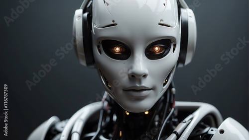Portrait of a white humanoid robot looking at the camera on plain dark empty black background from Generative AI © sevenSkies