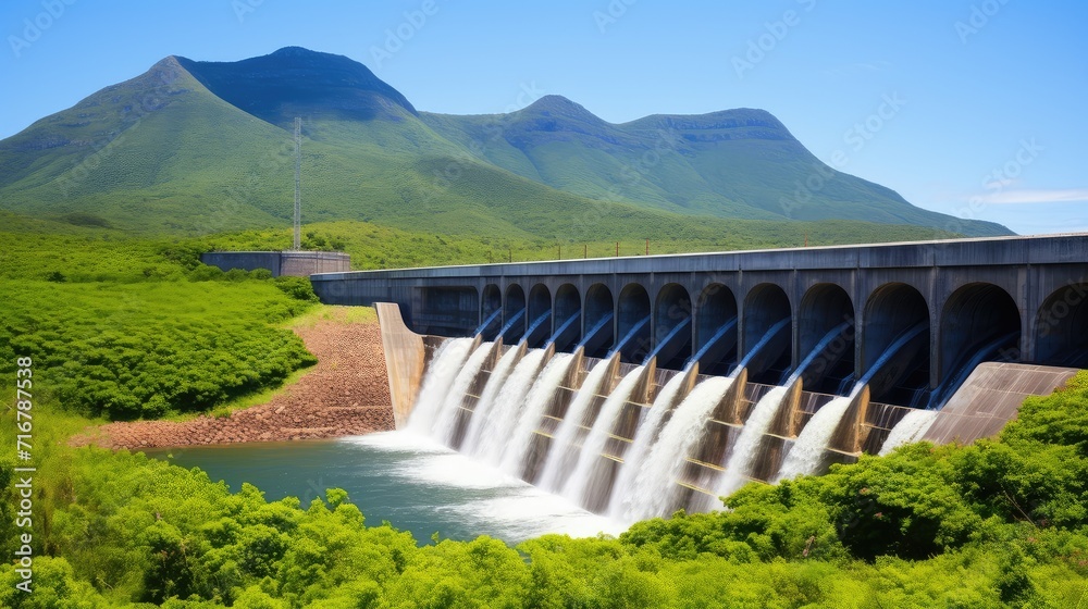 Serene beauty of a reservoir formed by a hydroelectric dam, a testament to the harmony between renewable energy and nature.