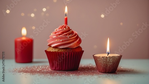 Red theme birthday cupcake with one candle on top on a pastel background with shiny sparkling glitters from Generative AI