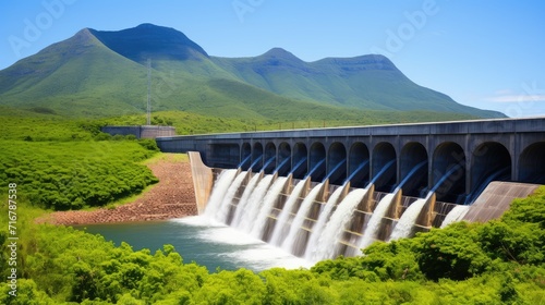 Serene beauty of a reservoir formed by a hydroelectric dam, a testament to the harmony between renewable energy and nature.