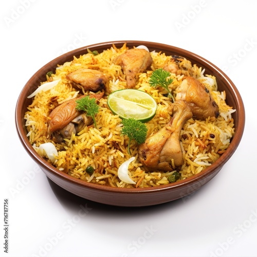 Delicious chicken biriyani isolated on white background