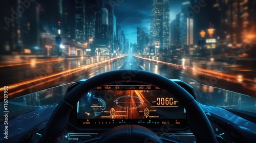 self driving, Head Up Display, autonomous car, Generative AI © khwanchai