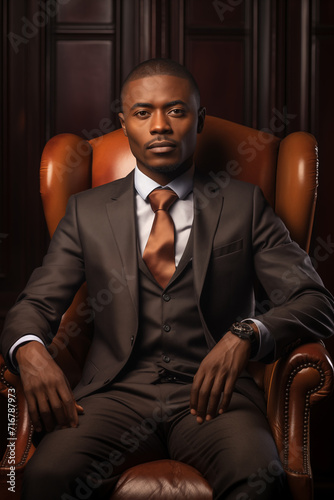 African male business portrait, eye catching and elegant, sitting in an armchair. AI Generative