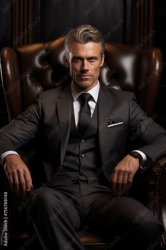 Fototapeta premium Male business portrait, eye catching and elegant, sitting in an armchair. AI Generative