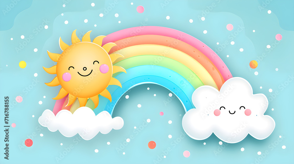 Rainbow with sun and clouds in cute style on a soft pastel blue background.