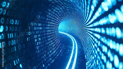 A stream of bits and bytes flowing through a blue tunnel, expressing the concept of information technology and digital communication
