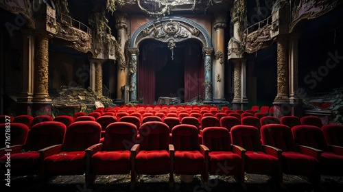 Abandoned Movie Theater with Vibrant Red Seats, Eerie Yet Strikingly Cinematic