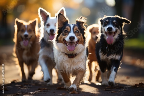 A group of happy and energetic dogs being walked by a professional dog walker in a scenic park setting. The convenience of the service for busy dog owners.