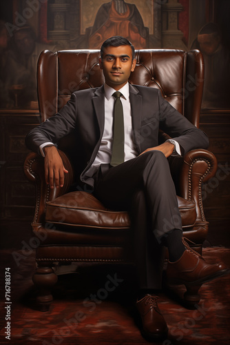 Indian male business portrait, eye catching and elegant, sitting in an armchair. AI Generative
