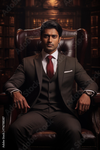 Indian male business portrait, eye catching and elegant, sitting in an armchair. AI Generative