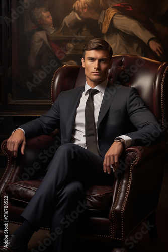 Male business portrait, eye catching and elegant, sitting in an armchair. AI Generative