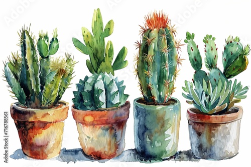 Watercolor flower cactus plants and cactus pots cartoon set illustration on white background
