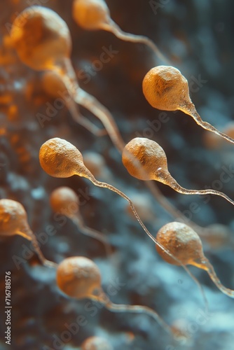 a digital illustration or rendering that represents human sperm cells approaching an ovum (egg cell),  