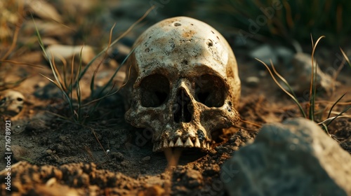 human skull on the ground in real decomposition with good lighting in high resolution