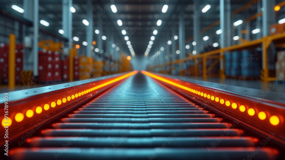 Obraz premium Smart warehouse management system concept.Cardboard boxes on conveyor rollers ready to be shipped by courier for distribution in warehouse.Huge distribution warehouse with high shelves and loaders.