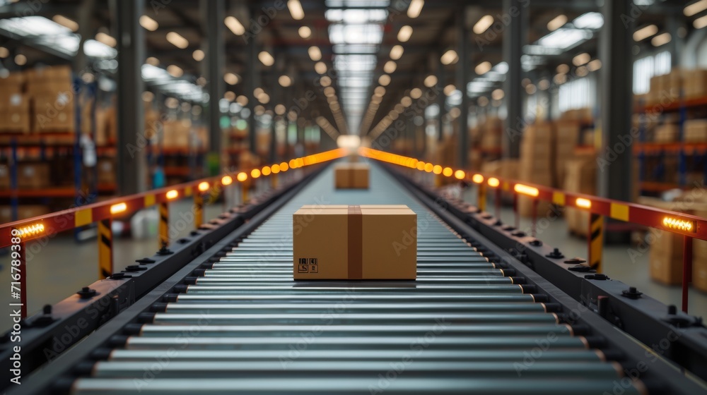 Smart warehouse management system concept.Cardboard boxes on conveyor rollers ready to be shipped by courier for distribution in warehouse.Huge distribution warehouse with high shelves and loaders. Smart warehouse management system concept.Cardboard boxes on conveyor rollers ready to be shipped by courier for distribution in warehouse.Huge distribution warehouse with high shelves and loaders.
