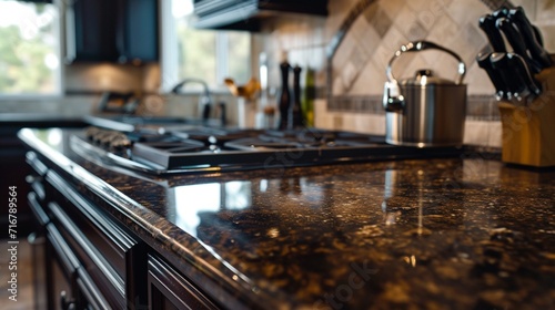Rich chocolate granite countertops adding warmth to a contemporary kitchen with gunmetal handles.