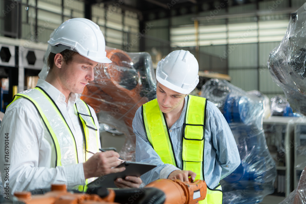 Both of engineers working together in a robotic arm factory, Robotic arm industry and engineering concept. Both of engineers working together in a robotic arm factory, Robotic arm industry and engineering concept.