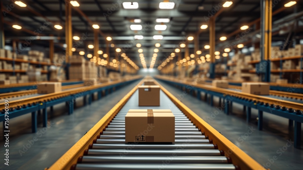 Fototapeta premium Smart warehouse management system concept.Cardboard boxes on conveyor rollers ready to be shipped by courier for distribution in warehouse.Huge distribution warehouse with high shelves and loaders.
