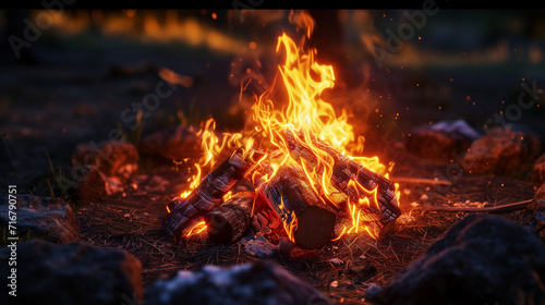 "Enchanting Campfire with Vivid Flames and Glowing Embers Surrounded by Rocks at Twilight - Cozy Outdoor Camping Ambiance in a Forest Setting"