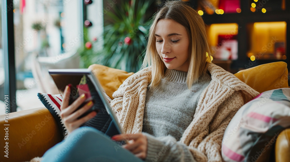 A woman relaxing on a sofa while shopping online with a tablet, online shopping, dynamic and dramatic compositions, with copy space