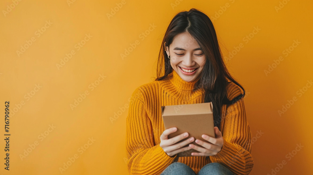 A joyful person unboxing an online purchase, online shopping, dynamic and dramatic compositions, with copy space