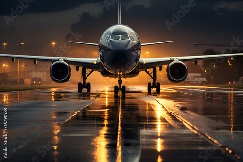 Ready for departure, Airplane prepares for takeoff on airport runway, front view, horizontal wallpaper