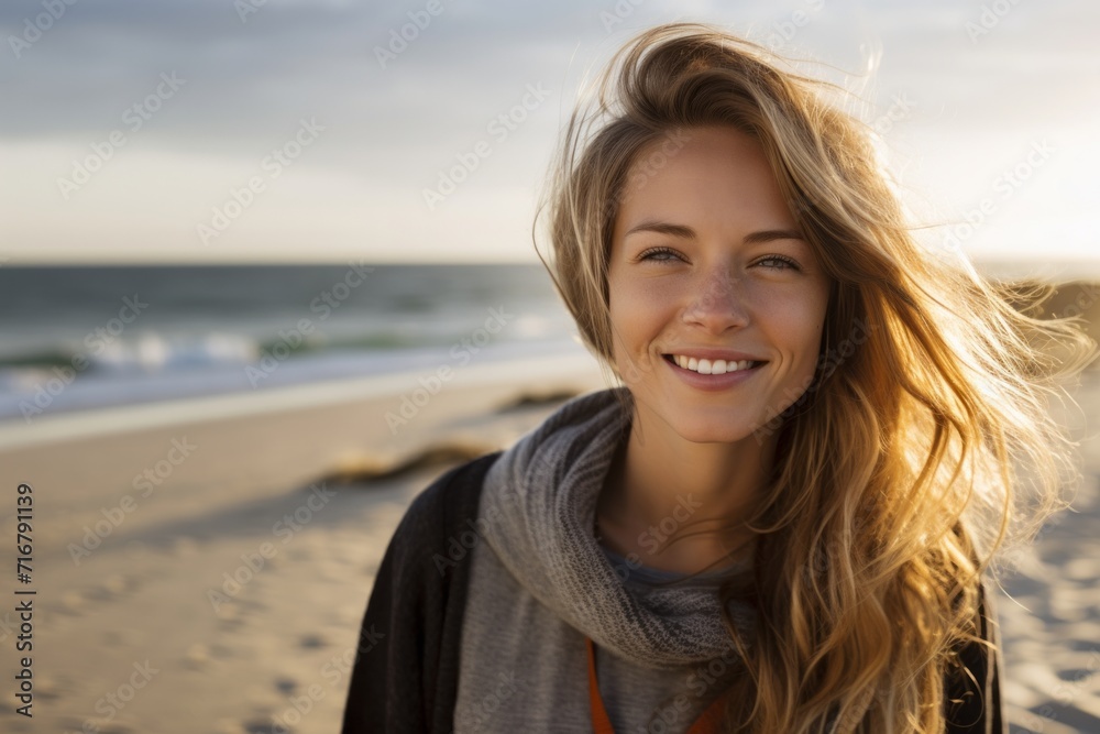 Close up portrait of young beautiful woman walking near the sea.