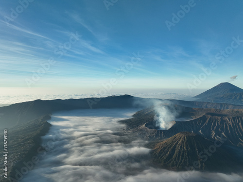 Aerial view Mountains at Bromo volcano during sunrise sky Beautiful Mountains Penanjakan in Bromo Tengger Semeru National Park East Java Indonesia.Nature landscape background