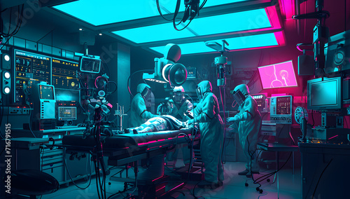 The medical team doctor with robot is doing the operation. Group of surgeons the operating room.