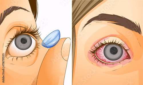 Problems wearing contact lenses. Dry eye. Inflammation of the eyes. Healthcare illustration. Vector illustration.