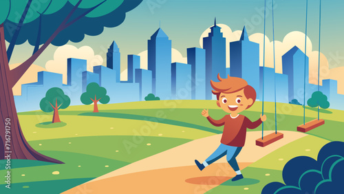 Happy child playing in park with swings and city skyline