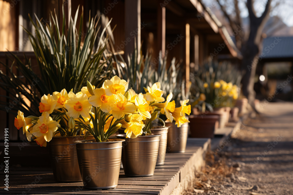 Daffodils in Flower Pots in the Front Yard of the House