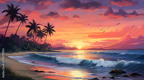 Tranquil beach at sunset with waves painted in oils_Generative AI © ESG ENT