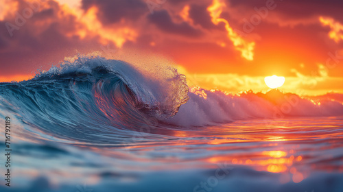 Photo taken from under ocean big wave at sunset.