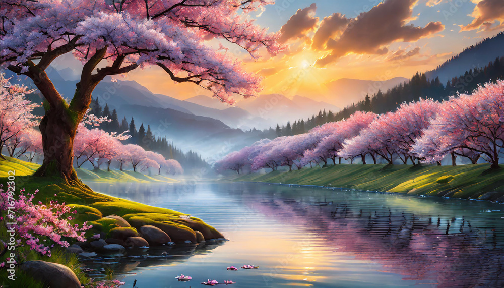 Paysage de nature avec cerisier en fleur, rivière et coucher de soleil, de la brume et quelques nuages - obrazy, fototapety, plakaty 