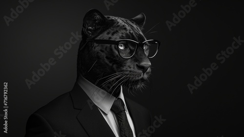 Sophisticated Black Panther Wearing Glasses and a Suit in a Studio Portrait Setting