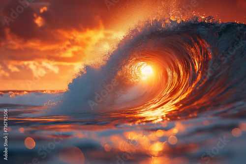 Photo taken from under ocean big wave at sunset.