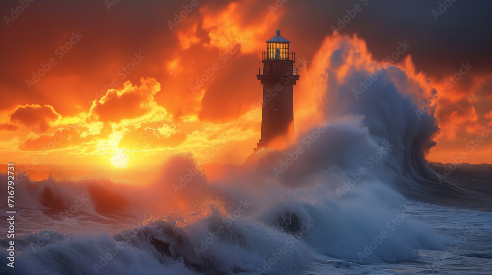 Clash ocean big wave at lighthouse at sunset.