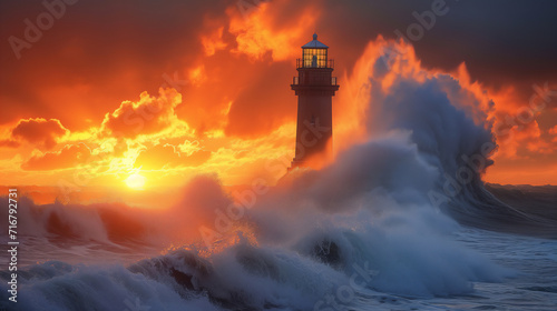 Clash ocean big wave at lighthouse at sunset.