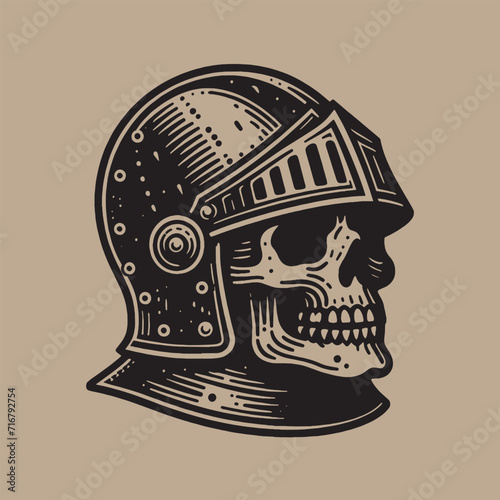Skull in a medieval royal helmet. Engraving vector illustration. Icon, logo, emblem. isolated object