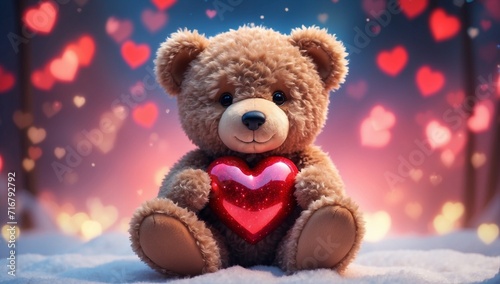 Cuddly Love, Portrait of Teddy Bear Holding Valentine's Red Heart © Art by H
