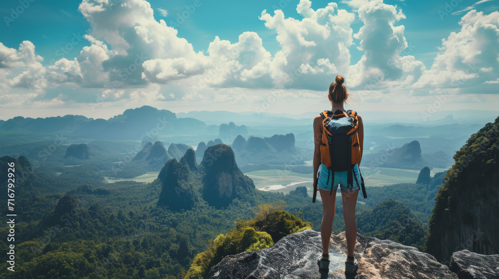 Obraz premium Perched atop a rugged rock, a woman gazes out at the sprawling valley below, her hair blowing in the wind as she takes in the majestic sky and breathtaking landscape during her adventurous hike throu