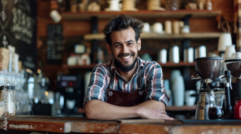 A jovial gentleman, clad in an apron, beams as he tends to a table at the cozy bar, his hands deftly balancing bottles and glasses as patrons sip their drinks A jovial gentleman, clad in an apron, beams as he tends to a table at the cozy bar, his hands deftly balancing bottles and glasses as patrons sip their drinks