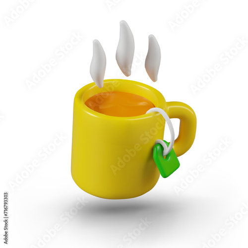 Yellow cup with hot drink and thread tea label. Concept of warming, healing drink. Isolated vector image in 3D style. Green steaming tea, herbal drink