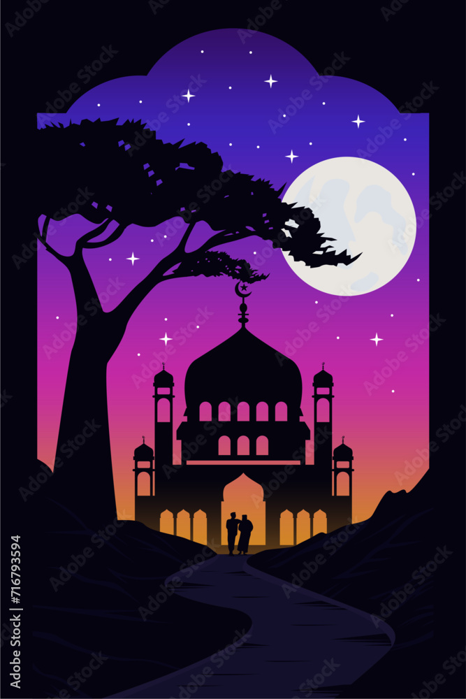 Vector illustration of the silhouette of a mosque, tree, background for a poster, banner and greeting card for the holy month of Ramadan