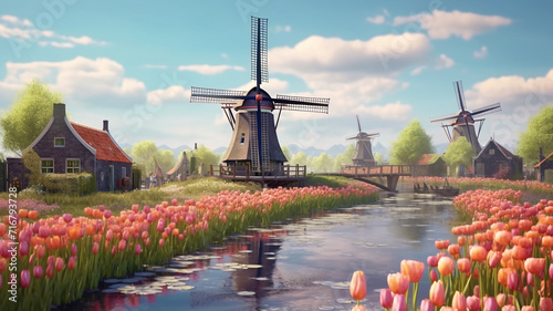 Landscape with tulips in Zaanse Schans, Netherlands, Europe, Generative AI. #716793728