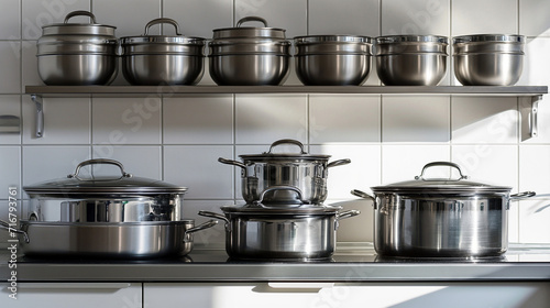 Stainless steel pots and pans on a kitchen counter